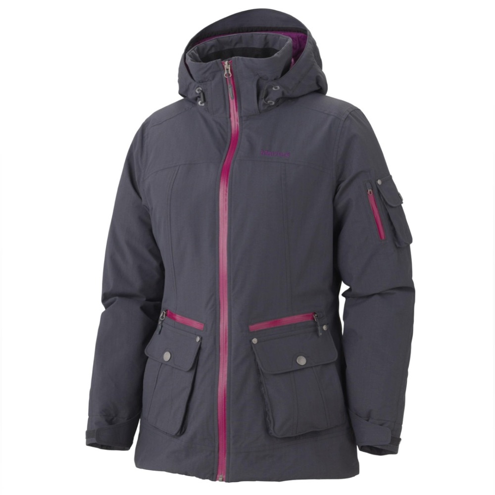 VGUC Marmot women’s Slopeside ski jacket in grey with dark pink waterproof zips